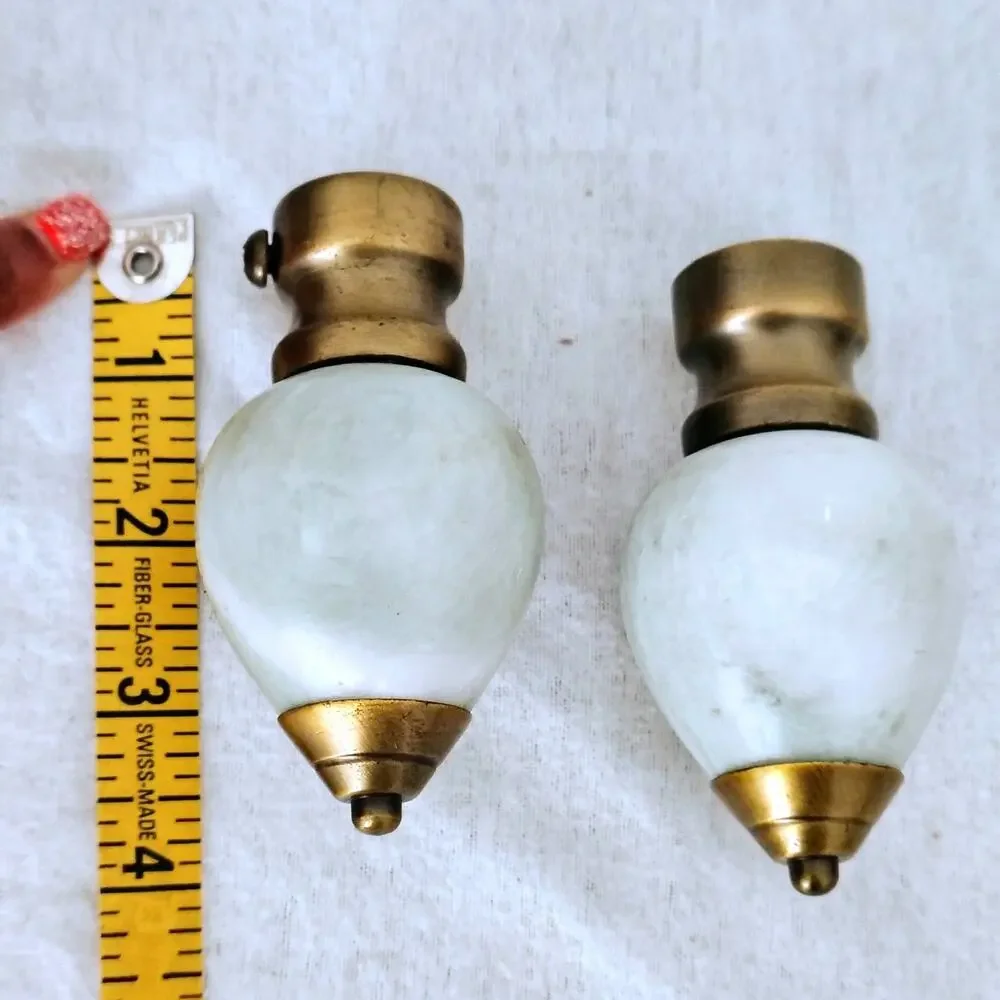 Vintage Brass Green Gray Marble Swirl Curtain Rod Finial Pair Drapery MCM Lamp